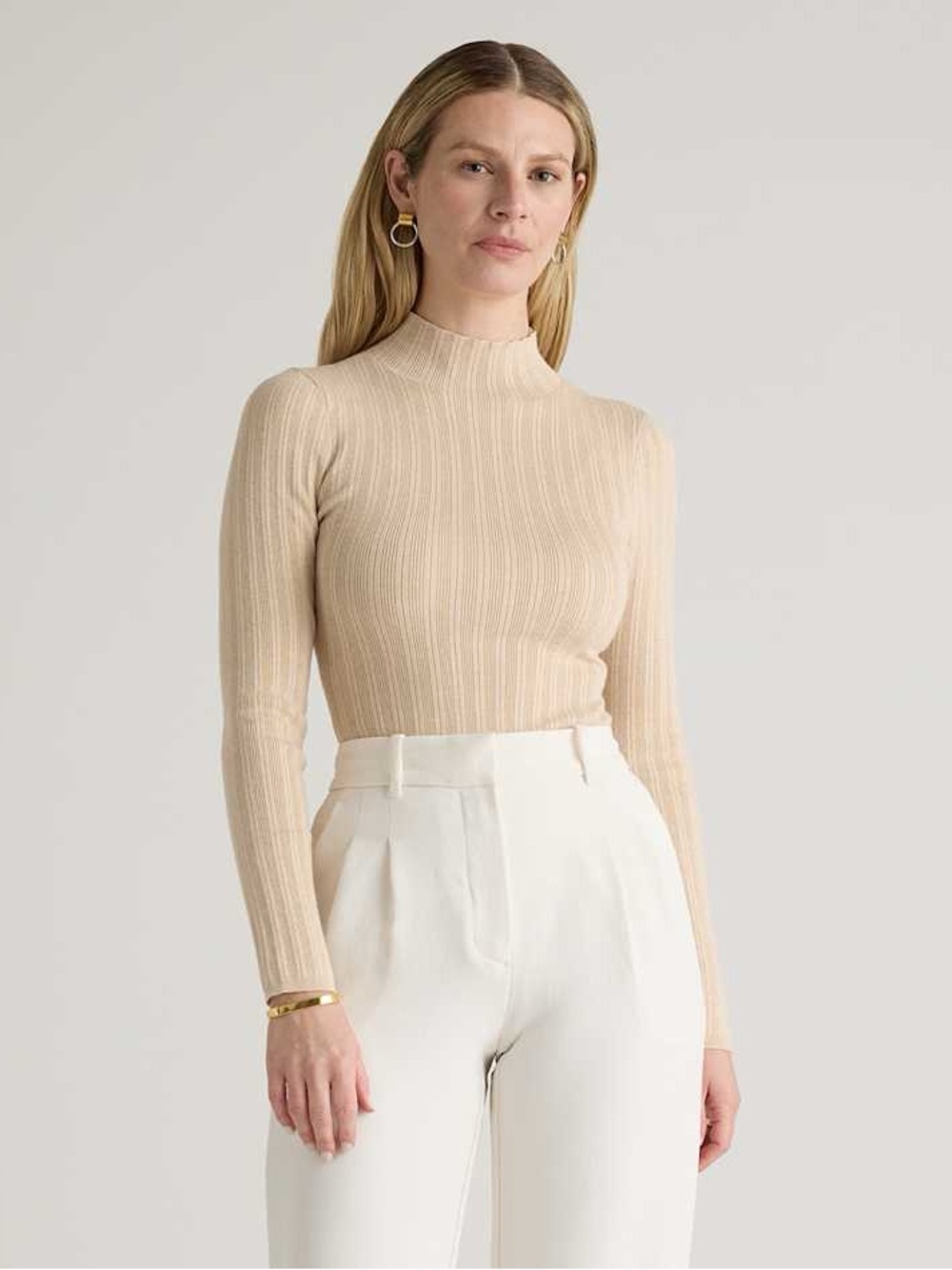 Quince Ribbed Beige Tan Cotton Cashmere Turtleneck Bodysuit Medium